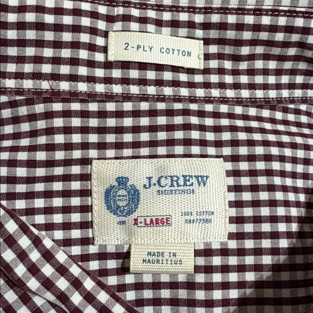 J. Crew 2-Ply Cotton Maroon White Check Button Down Shirt sz XL